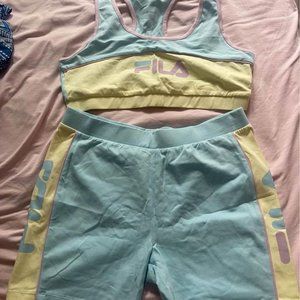 FILA woman sport jogger short suit blue yellow crop top tank Size L